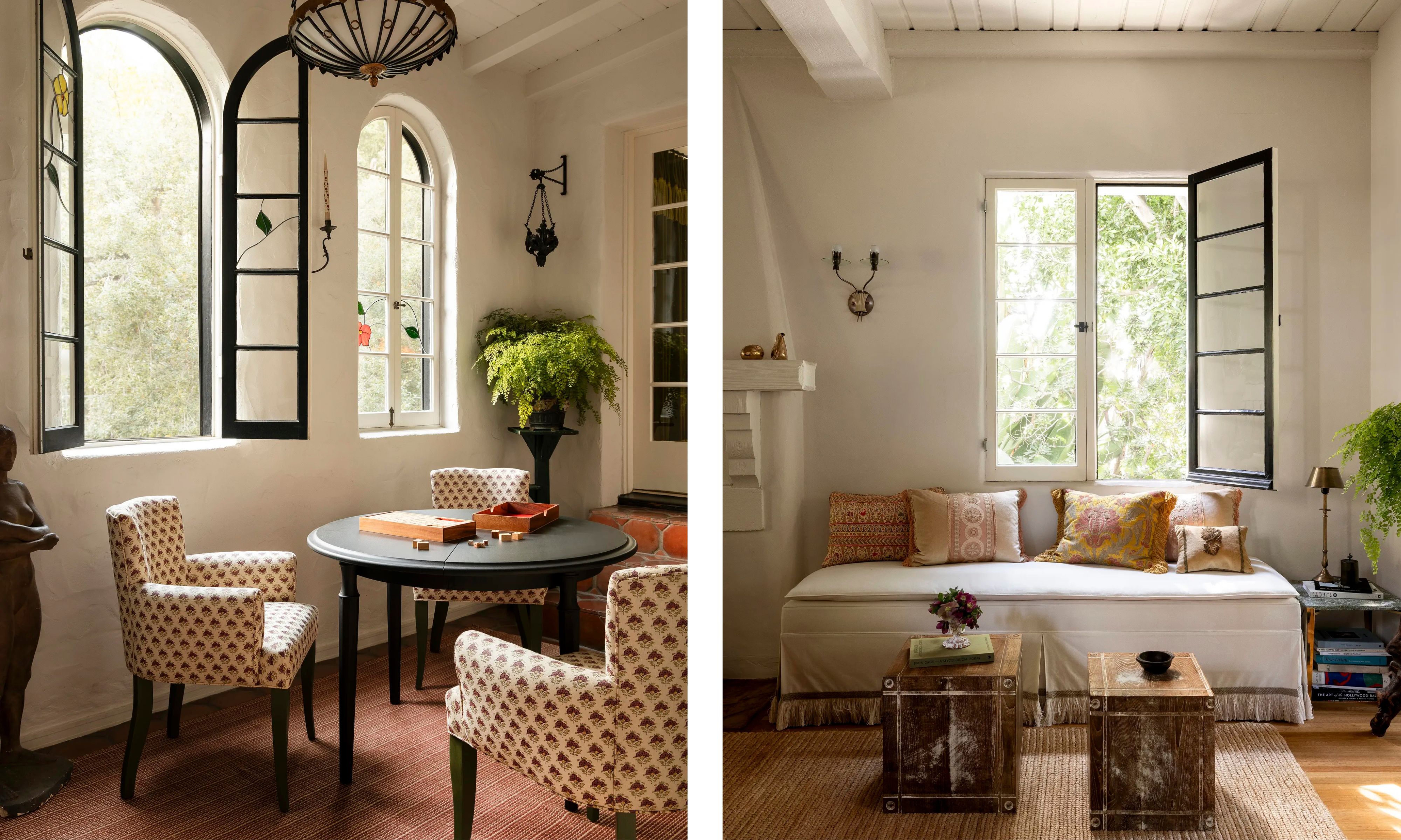 Left: Two patterned armchairs flank a round wooden table under a black chandelier. Right: A bright room with a beige daybed, warm-toned throw pillows, and an open window looking out to greenery