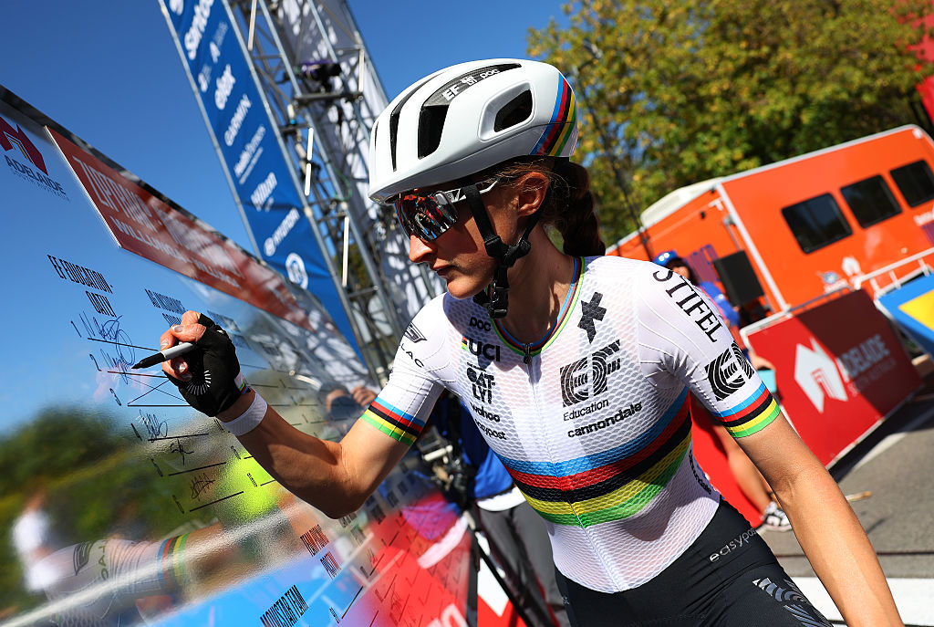 WILLUNGA, AUSTRALIA - JANUARY 17: Magdeleine Vallieres of Canada and Team EF Education-Oatly signing prior to the 10th Santos Women&amp;apos;s Tour Down Under 2026, Stage 1 a 137.4km stage from Willunga to Willunga 134m / #UCIWWT / on January 17, 2026 in Willunga, Australia. (Photo by Con Chronis/Getty Images)