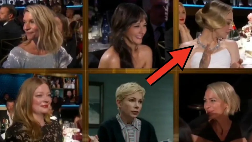 A split-screen image shows celebs reacting to Michelle's win, with Amanda looking off to the side clapping