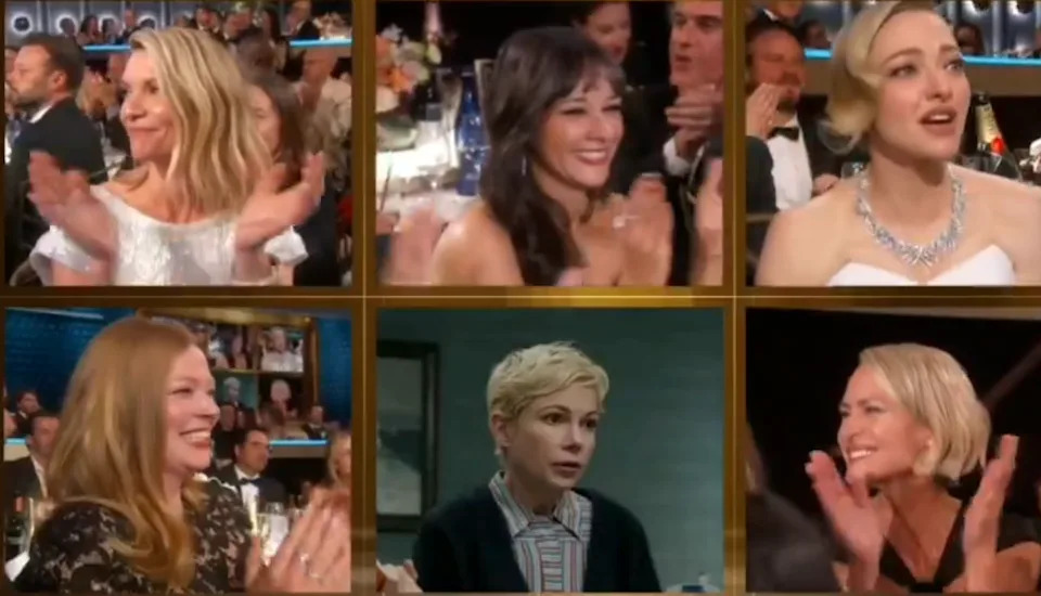 A split-screen image shows celebs reacting to Michelle's win