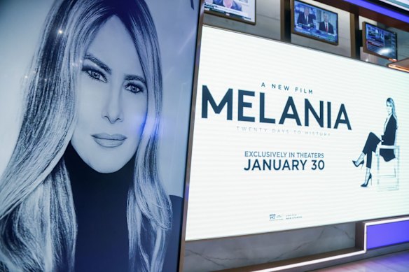 A promotional sign for the documentary on the floor of the New York Stock Exchange.