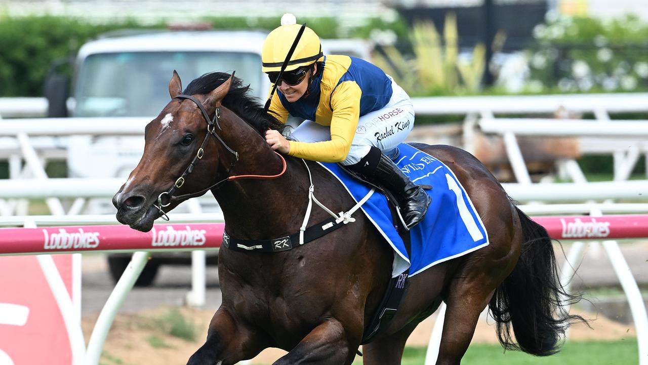 The Bjorn Baker-trained Warwoven (Rachel King) wins a key lead-up race to the Magic Millions 2YO Classic at Eagle Farm on Saturday. Picture: Grant Peters / Trackside Photography