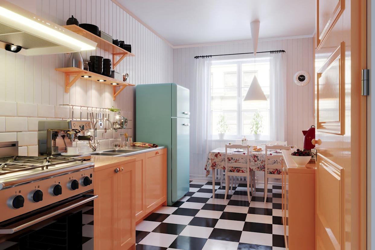 old school decorating ideas designers using again vintage kitchen interior design with retro furniture. (3d render)