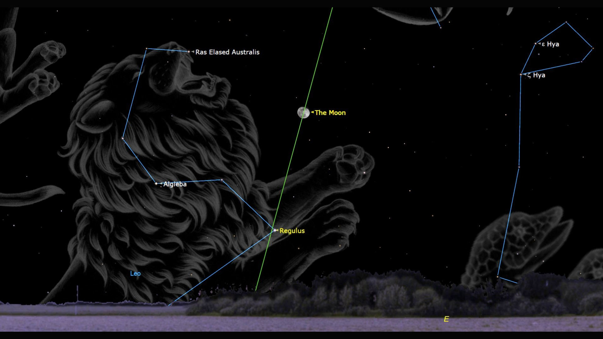 A night sky map showing the drawing of a cartoon lion overlaid with labels for stars like Algol and Regulus. In the center of the image is a moon which is connected by a green line to the star Regulus, closer to the bottom of the image