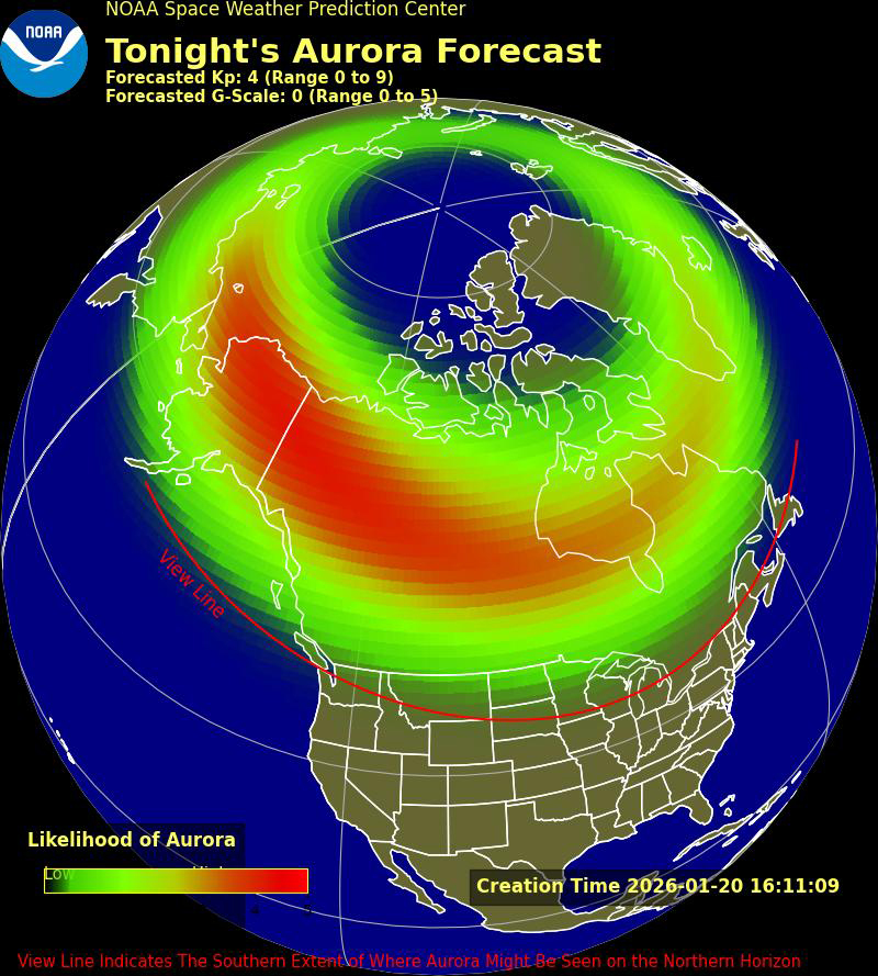 The NOAA aurora prediction in the US for January 20, 2026