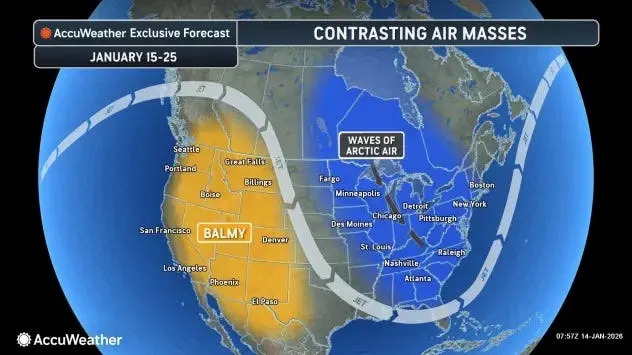 Waves of Arctic air are forecast to continue spreading across the eastern half of the nation from Jan. 15-25. At the same time, the West will stay warm.