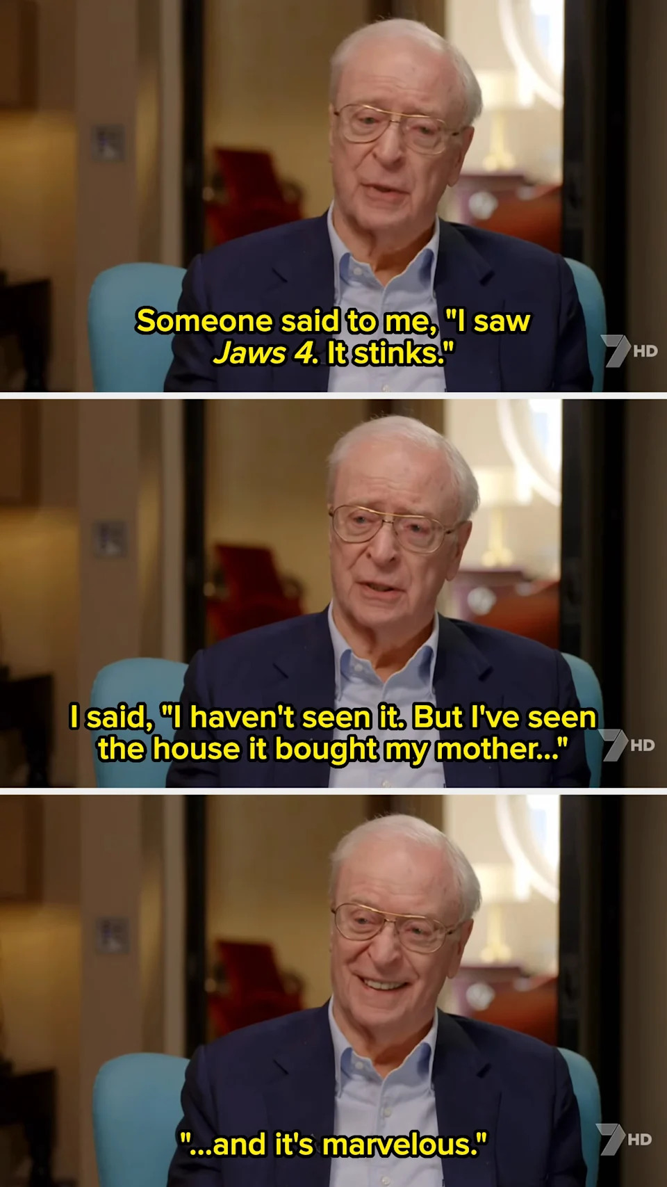 An older man in an interview setting shares a humorous anecdote about the movie "Jaws 4" and its financial benefits