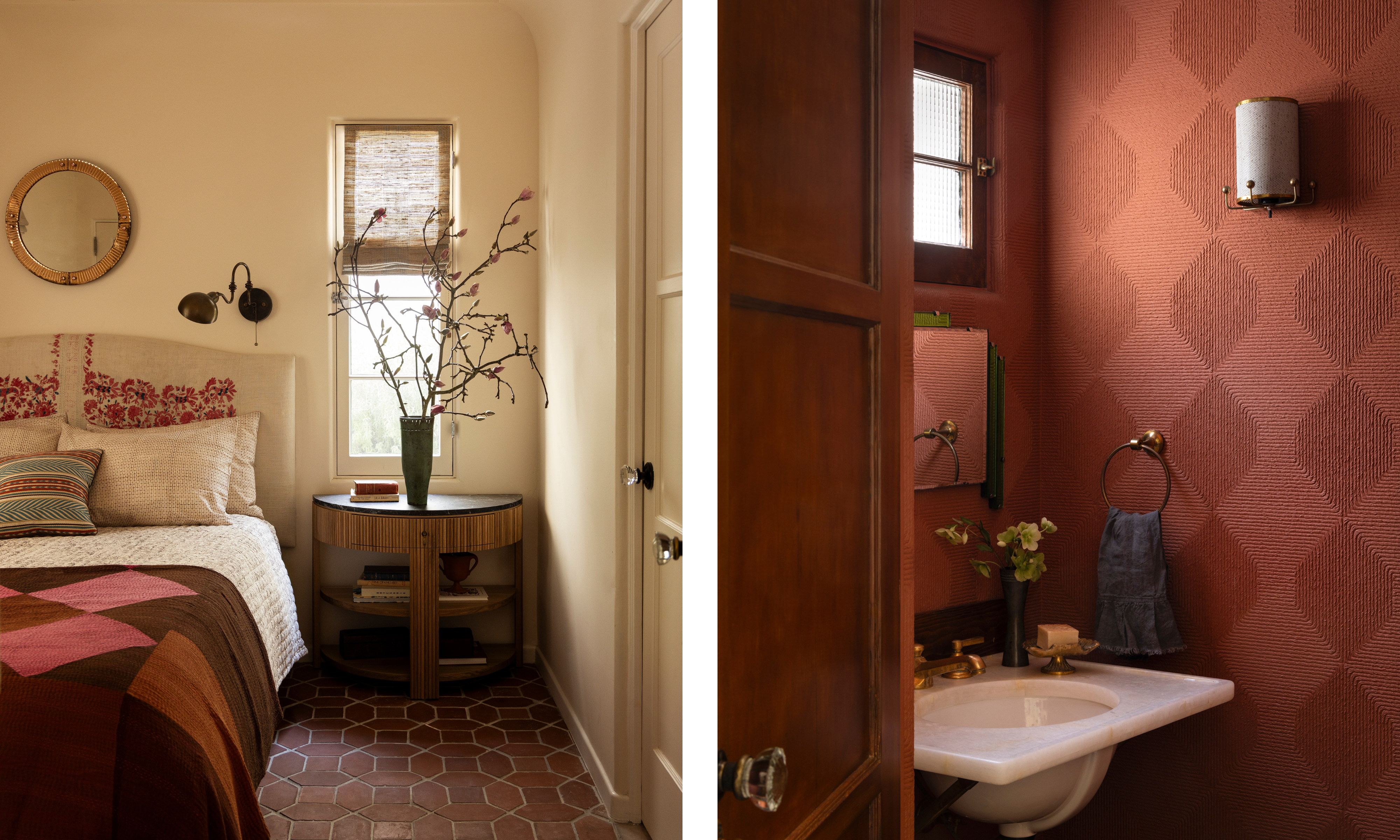 In Los Feliz, a split image of a home designed by Nickey Kehoe; on the left is a bedroom with a maroon quilt and cream walls, and on the right is a powderroom with a maroon textured wallpaper.