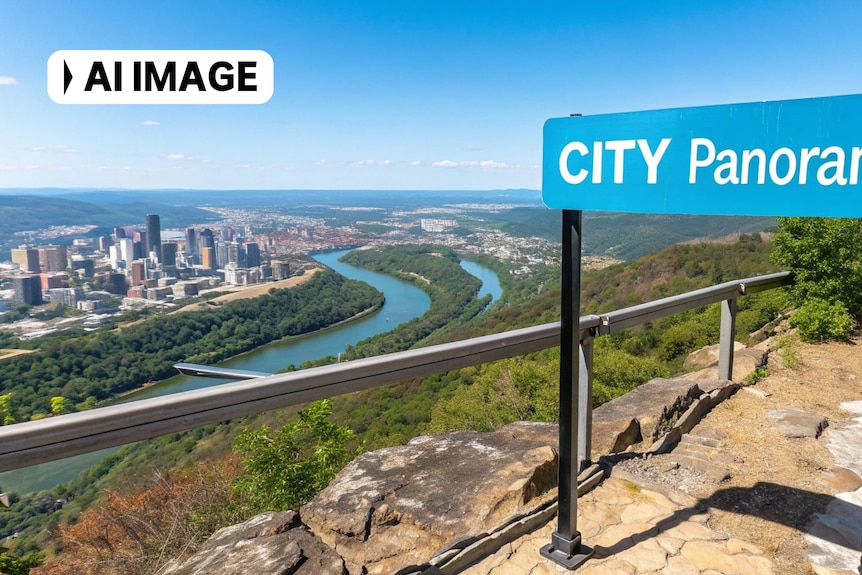 An AI-generated image of a supposed view over Hobart from Mt Wellington.