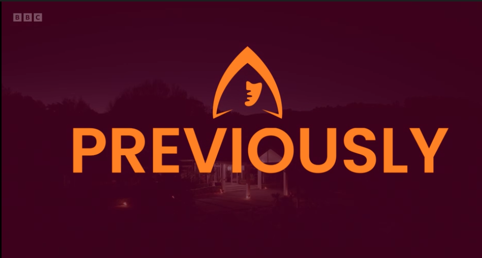 'previously' written in orange with a hooded figure logo above it. On a red background