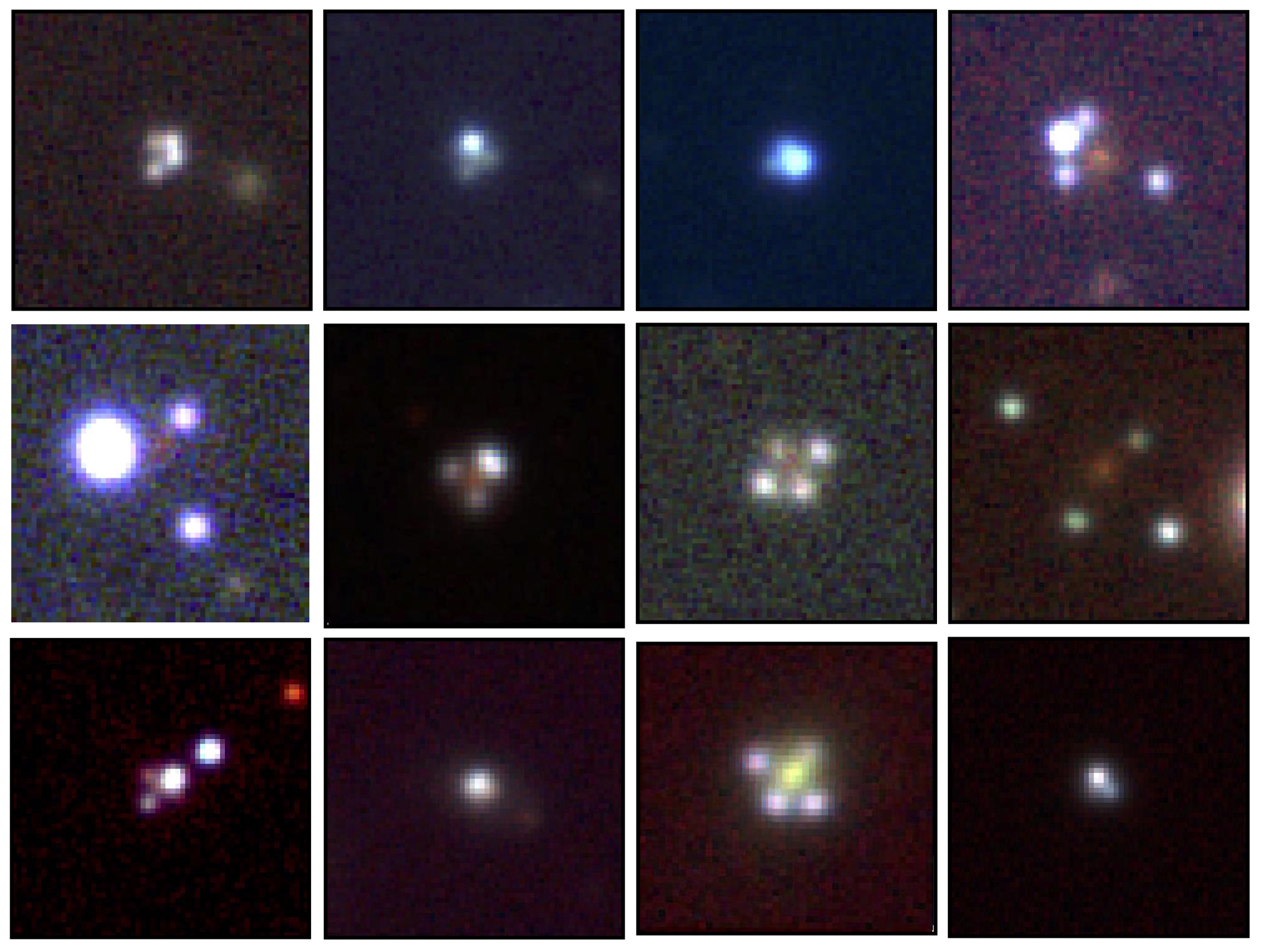 A grid of twelve small, blurry astronomical images shows various configurations of bright points of light—some arranged in a gravitational lens cross—against dark backgrounds.