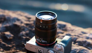 A close-up of a camera with a 50mm lens resting on a rocky surface outdoors, with sunlight creating a soft bokeh effect in the blurred background.