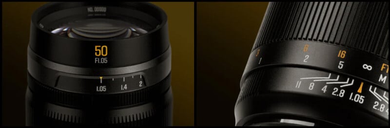 Close-up views of a camera lens showing the "50 F1.05" marking on the front and the focus and aperture markings on the side, set against a dark background.