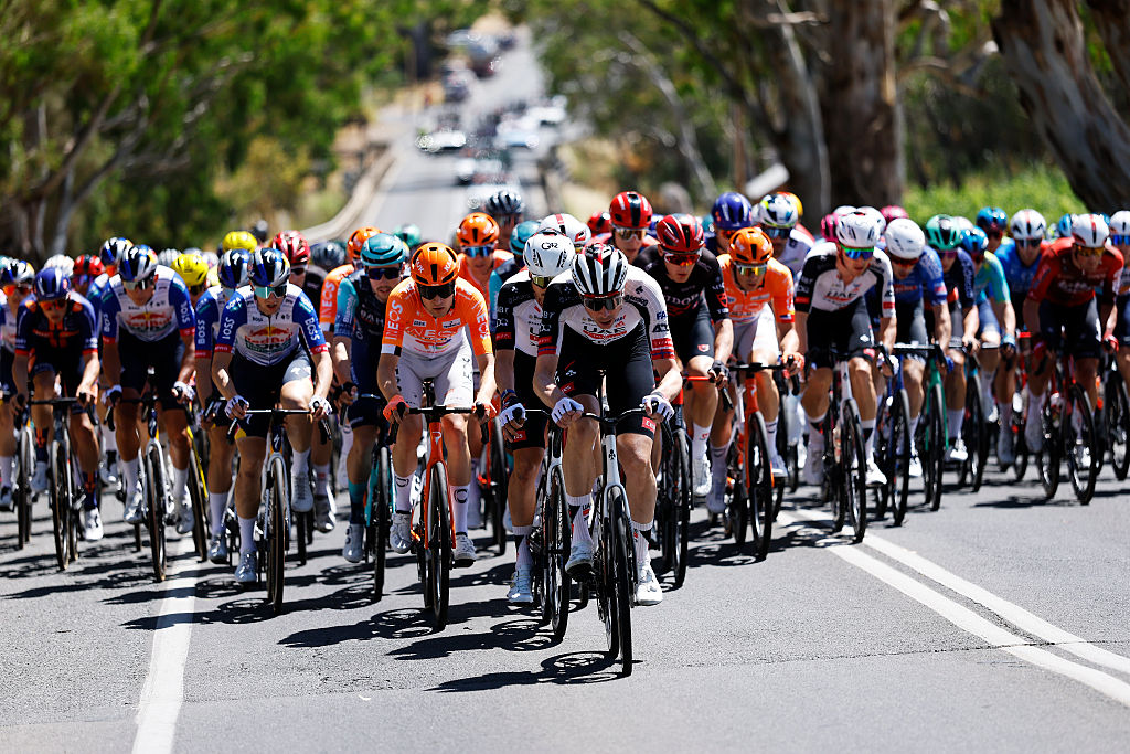 TANUNDA, AUSTRALIA - JANUARY 21: Vegard Stake Laengen of Norway and UAE Team Emirates leads the peloton during the 26th Santos Tour Down Under 2026, Stage 1 a 120.6km stage from Tanunda to Tanunda on January 21, 2026 in Tanunda, Australia. (Photo by Con Chronis/Getty Images)