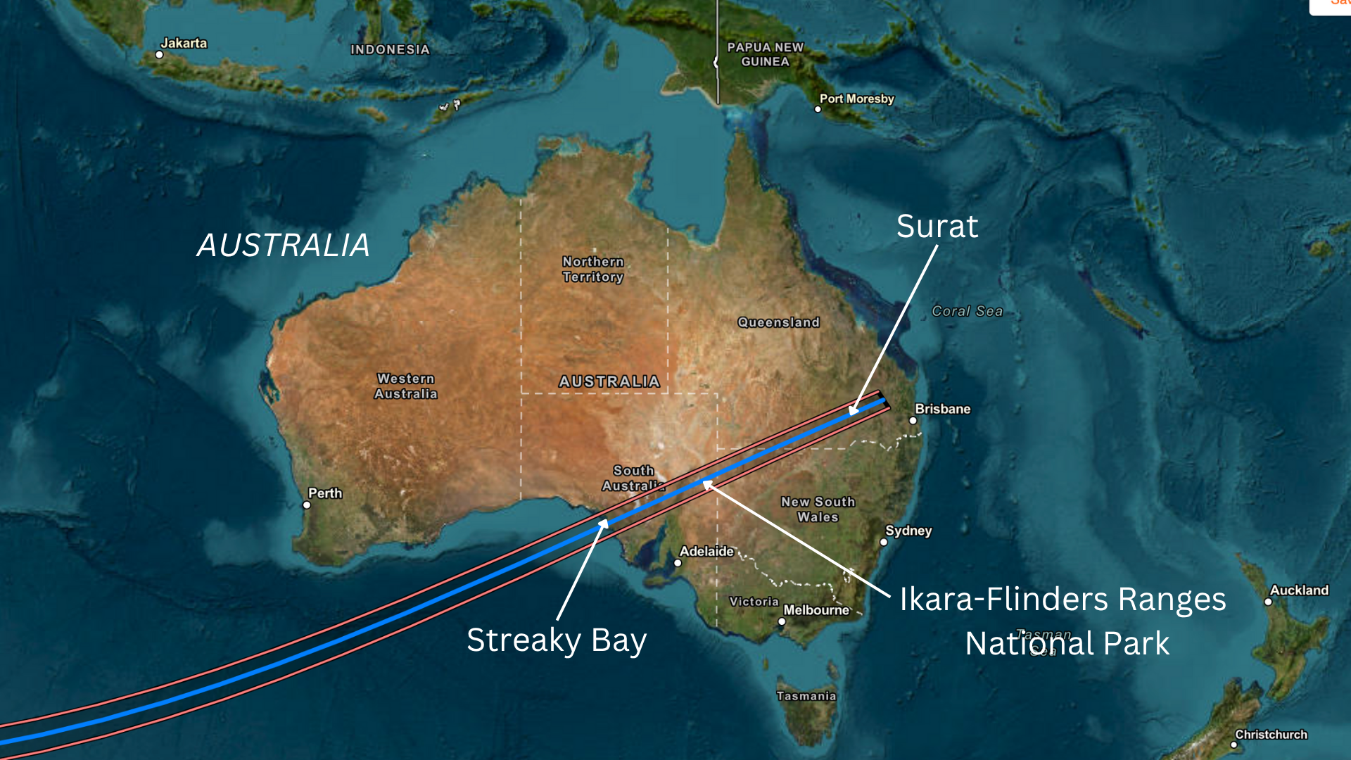 A series of maps showing the southern tip of Africa and Australia with various labels indicating parks all placed along a transparent dark line representing the path of the sun for the 2030 total solar eclipse.