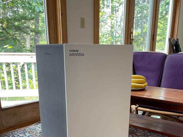 Coway Airmega ProX, a large white rectangular air purifier, sititngon a patterned rug in the middle of a room with large windows behind it