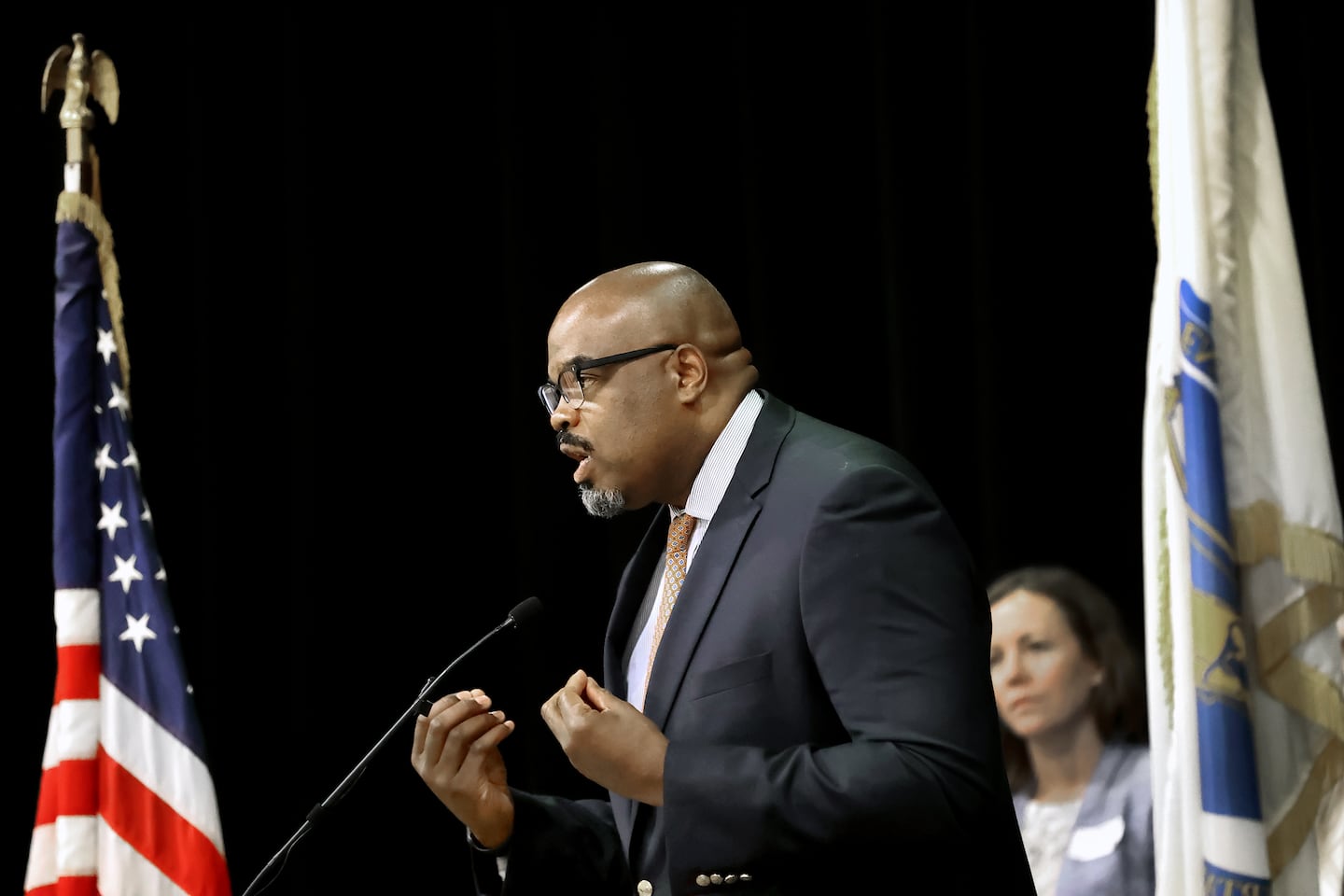 Massachusetts Education Secretary Dr. Patrick Tutwiler, seen here speaking at an event in Arlington, unveiled $3.2 million of grants for 58 school districts to improve mental health services for students.