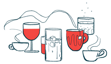 Two steaming cups of coffee sit at opposite ends of an array of hot and cold drinks.