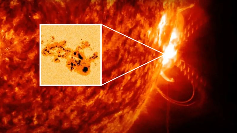 A photo of the exploding sun with an inset photo showing the giant sunspot that caused it