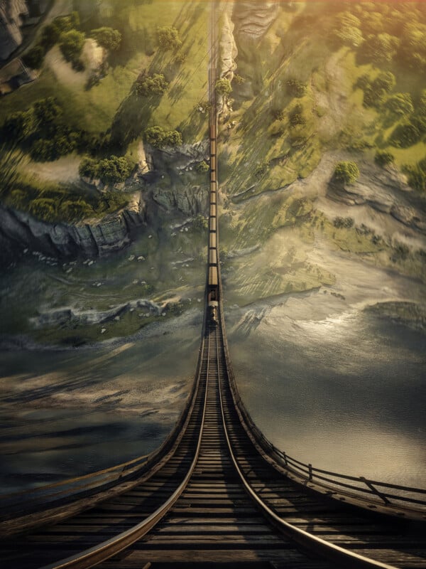 A dramatic, narrow wooden bridge with missing planks stretches steeply over a river, surrounded by cliffs and green trees, viewed from above in warm, golden light.