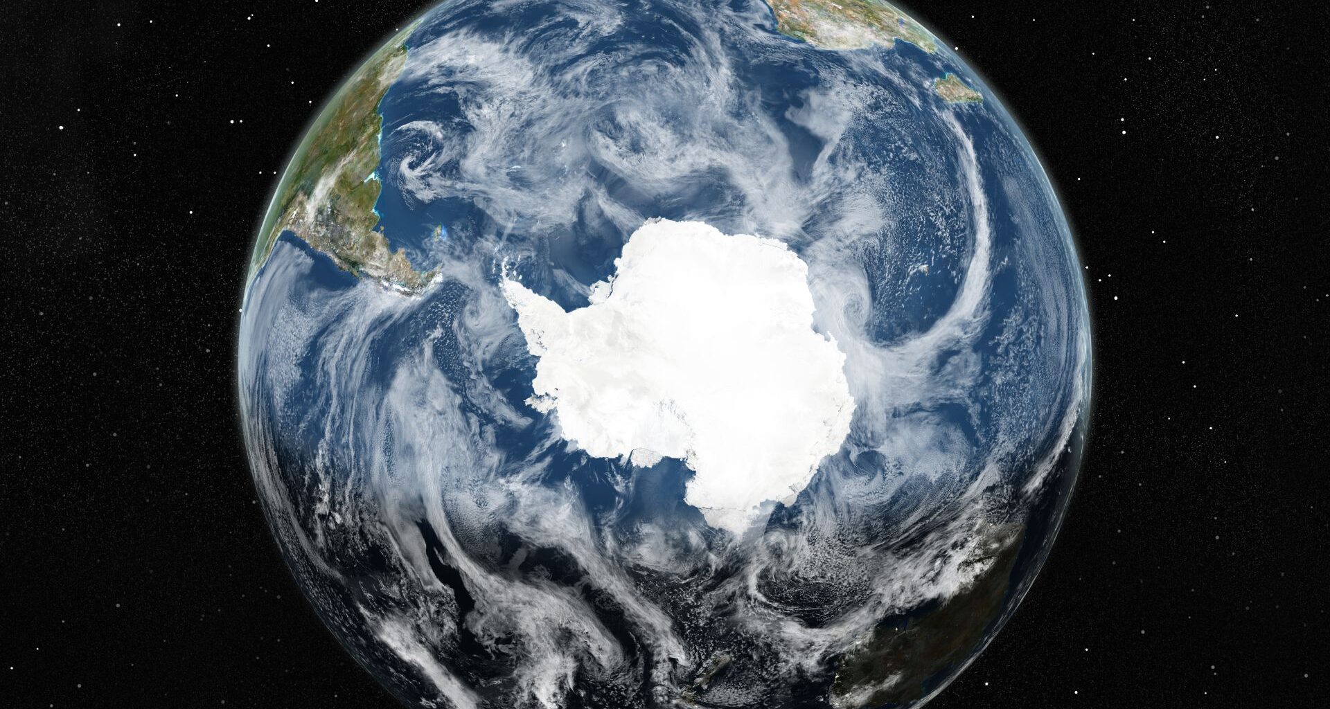 A close up of Earth in the darkness of space with a white shape in the middle of its oceans and clouds.