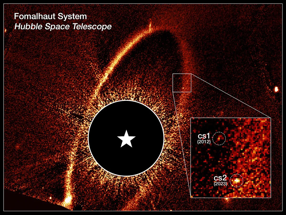 Hubble Space Telescope image showing the debris ring and dust clouds cs1 and cs2 around the star Fomalhaut. Credit: NASA, ESA, P. Kalas (UC Berkeley), J. DePasquale (STScI)