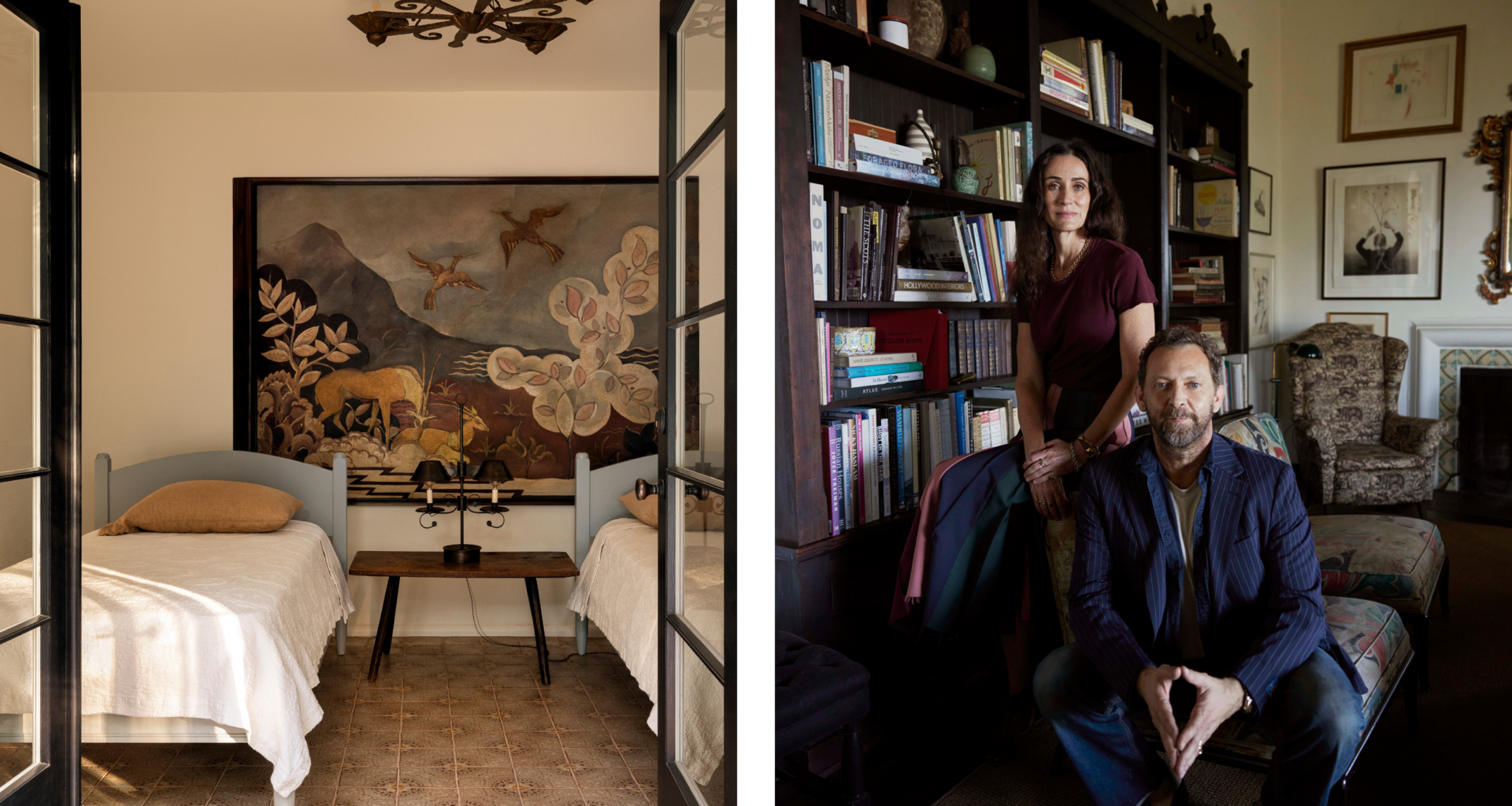 A split image, the left being a view through french doors into a bedroom with two light blue twin beds in front of a landscape painting; on the right, a portrait of Todd Nickey and Amy Kehoe seated in front of a bookshelf.