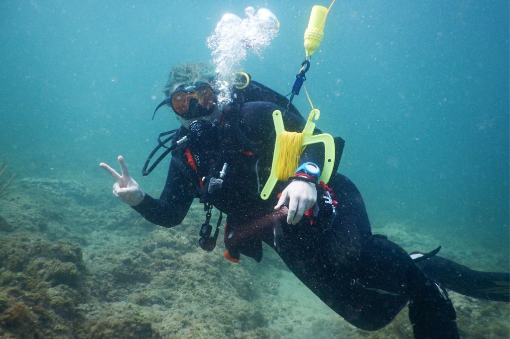 A scuba diver swims underwater, wearing full gear and making a peace sign as bubbles rise above them.