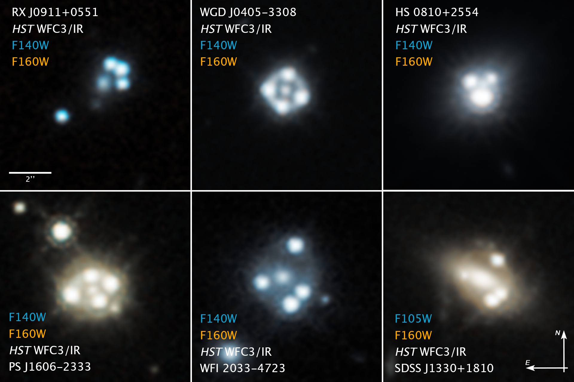 Six panels of stunning space images reveal various celestial objects captured by HST WFC3/IR using different filters. Each panel, reminiscent of JWST precision, includes the object's identification and filter details, inviting viewers to ponder the mysteries like dark matter within them.