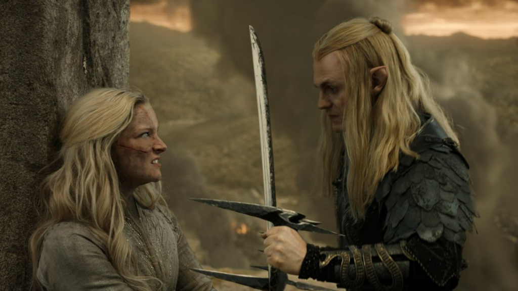 Sauron pinning Galadriel to a wall with a sword in The Rings of Power Season 2