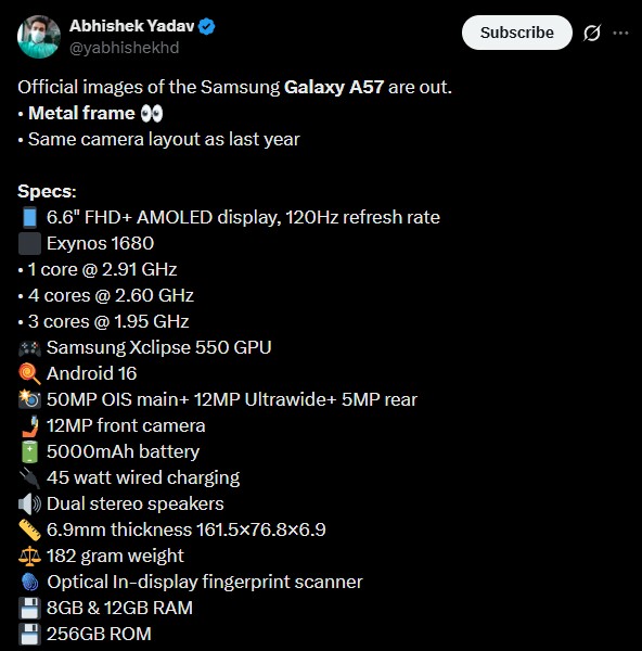 Galaxy A57 leaked specs Galaxy A57 leaked specs as posted on X