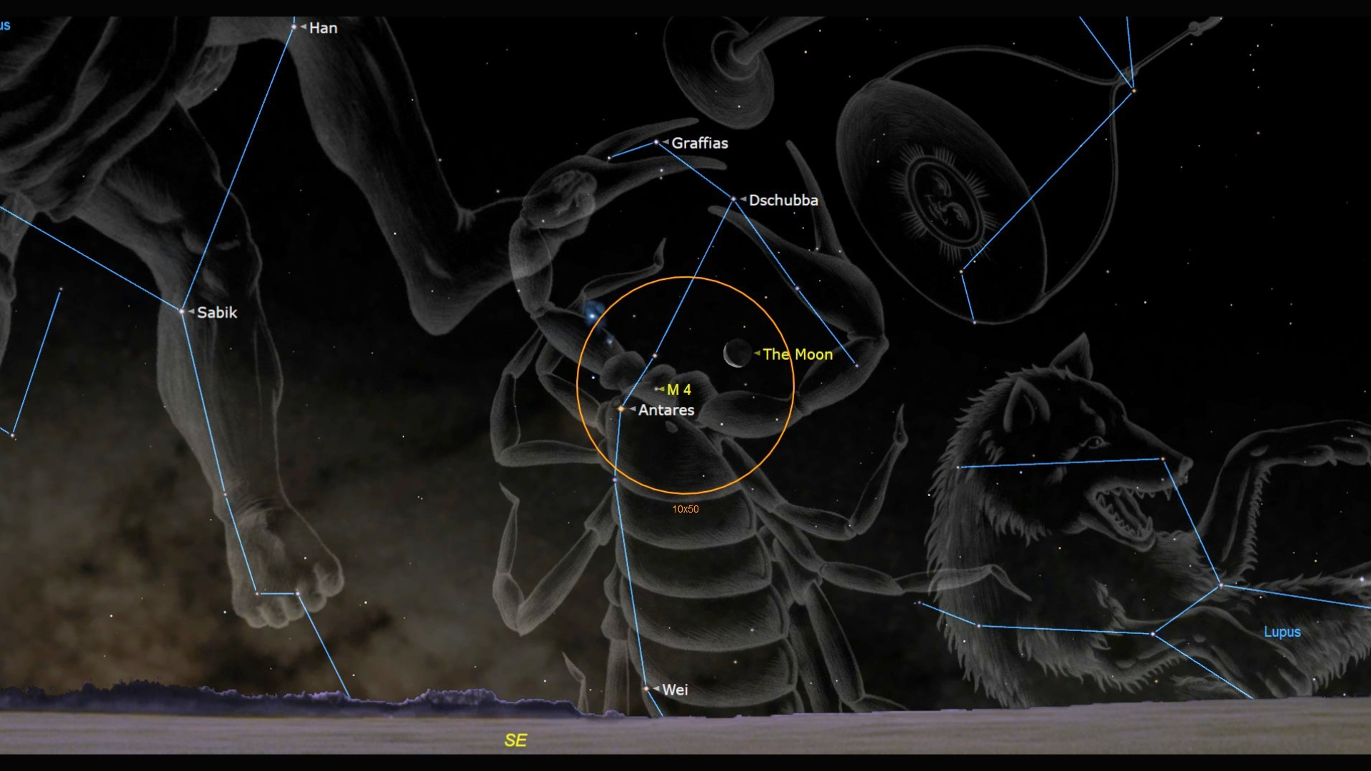 A constellation map of the night sky with cartoon images like a scorpion for the Scorpius constellation. In the center of the image is an orange circle encompassing a labeled dot for the star Antares near a crescent moon