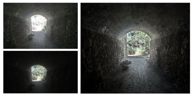 Three photos show the inside of a stone tunnel, looking toward its bright, leafy exit. The tunnel appears dark, with sunlight illuminating the opening and rough stone walls.