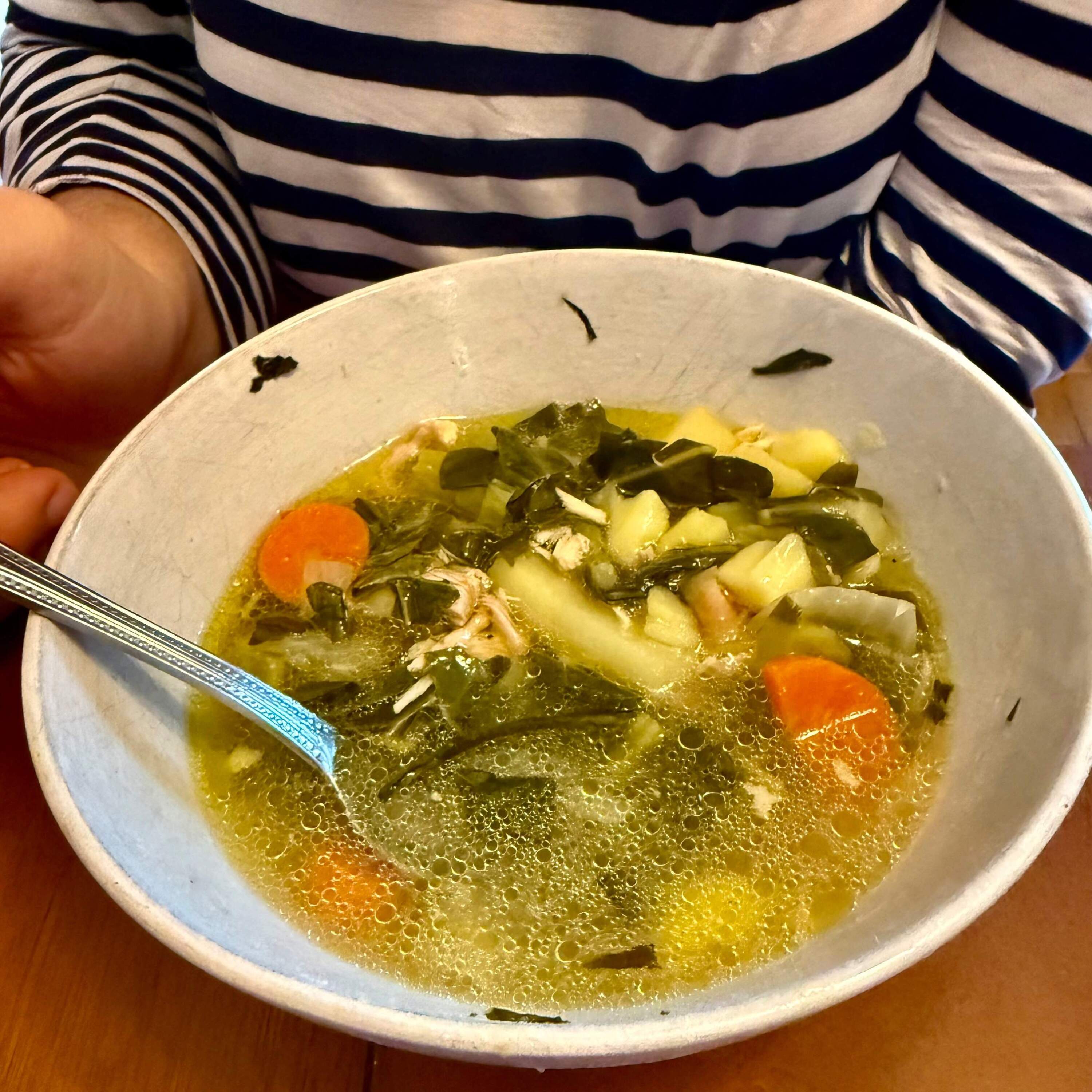 Collard greens, chicken and vegetable soup. (Kathy Gunst/Here & Now)