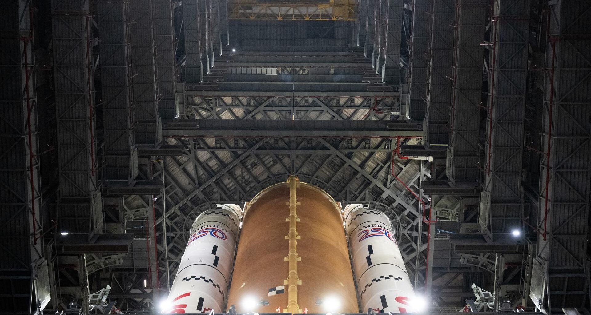 The base of NASA's Artemis 2 Space Launch System rocket is seen inside the Vehicle Assembly Building at NASA's Kennedy Space Center in Florida.