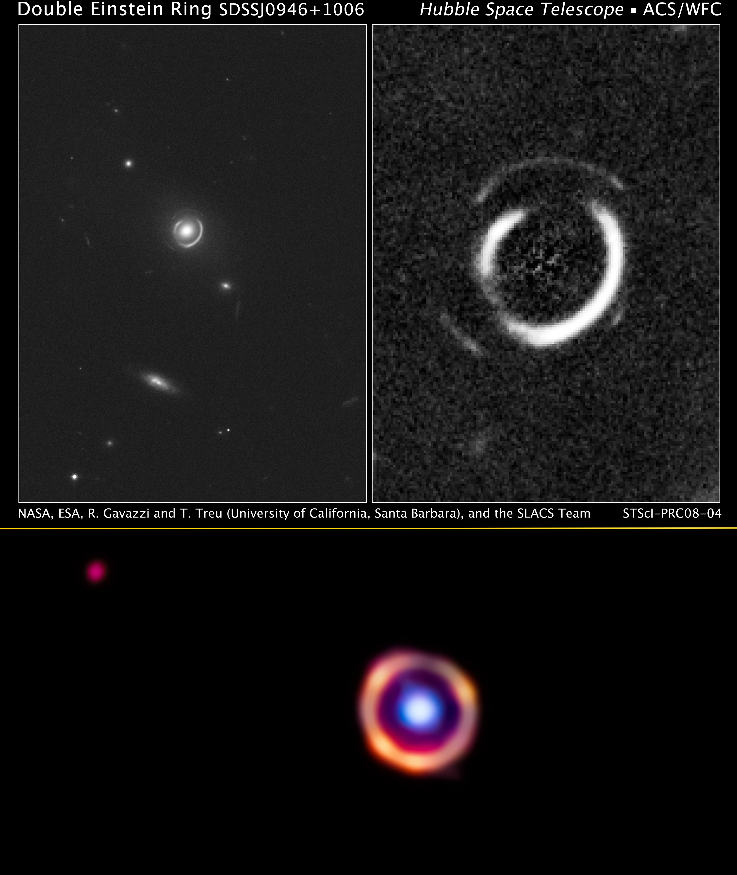 Side-by-side images of a gravitational lens cross in space, displaying bright circular light patterns formed around distant galaxies.