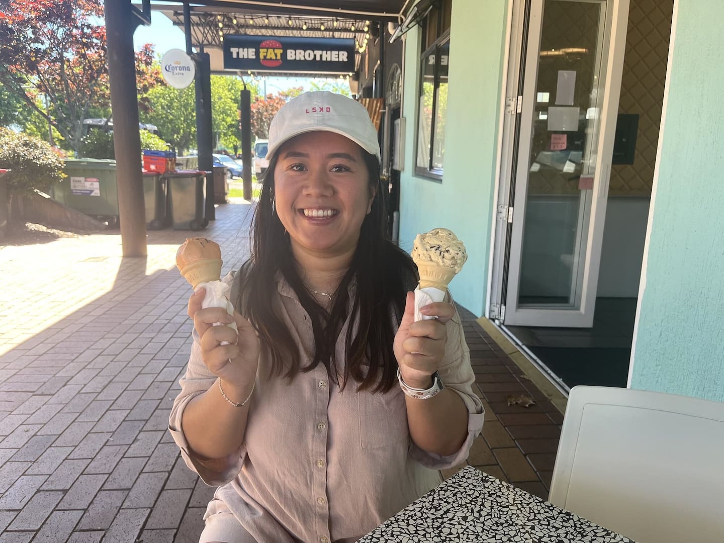 Christina Joe stops for ice cream with her family at Lady Jane’s Ice Cream Parlour as temperatures climb in Rotorua. Photo / Annabel Reid
