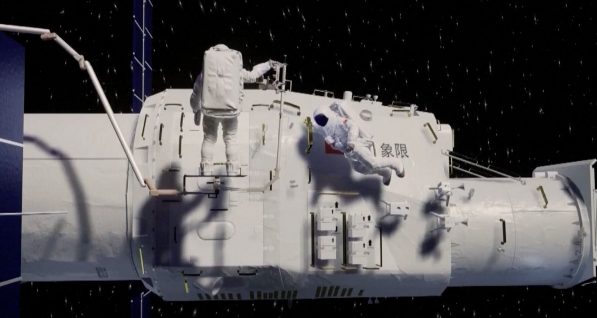 A large white spacecraft with an astronaut in a white spacesuit hanging off the side