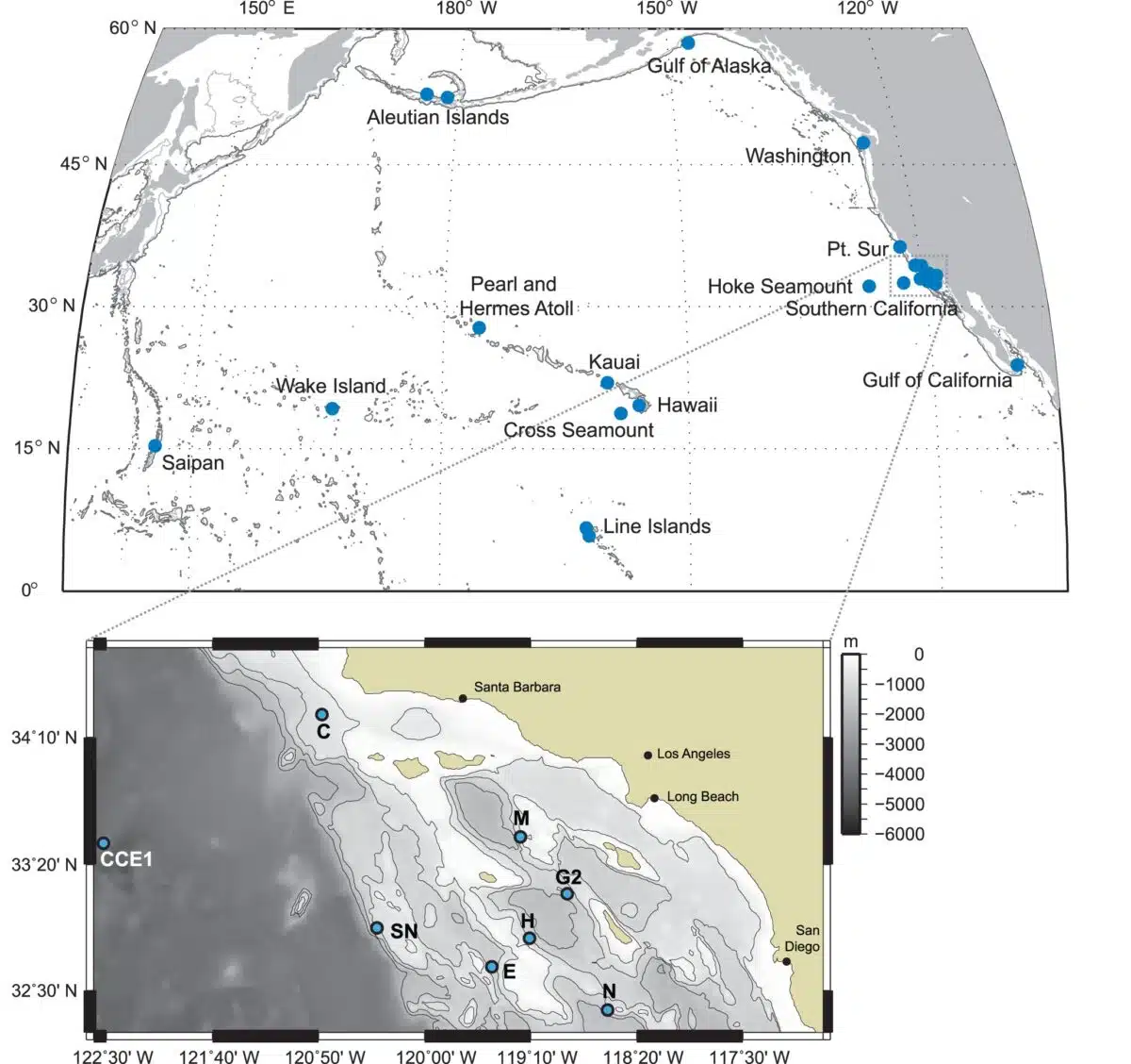 Locations Of Harp Recording Sites (circles) Across The North Pacific (top) And Within The Southern California Bight (bottom)