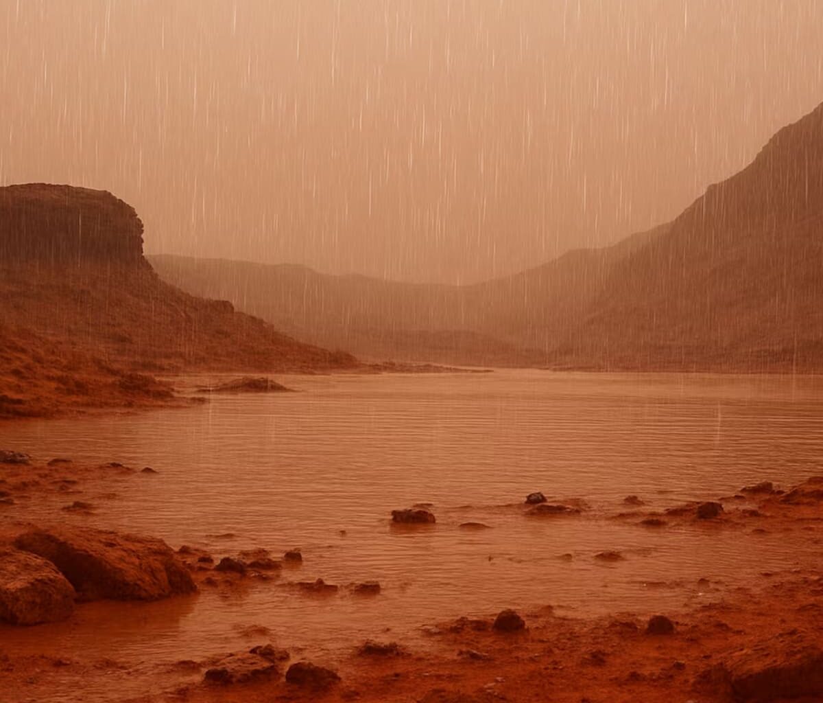 Martian rain on rocky terrain
