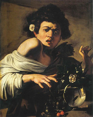Painting of a surprised young man with dark curly hair and a white flower, gesturing near a glass vase with fruit.