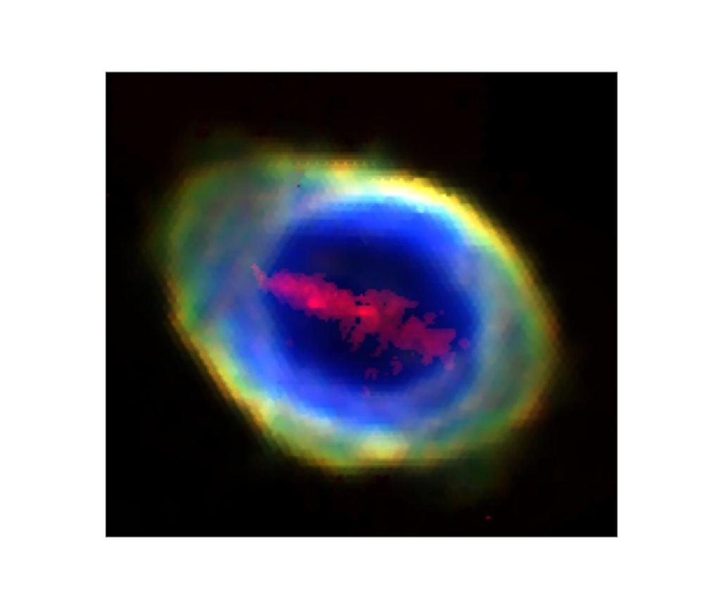 A massive bar-shaped cloud of iron is highlighted in red in this image of the Ring Nebula. A new multi-object spectrograph on the William Herschel Telescope was able to discern the presence of the cloud of iron, as well as the presence of other elements. Now begins the hard work of figuring out what created it. Image Credit: IAC/William Herschel Telescope/Wesson et al. 2026 MNRAS