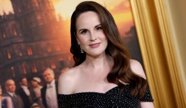 Michelle Dockery in a black strapless gown