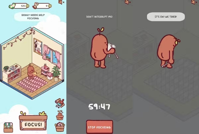 Images of a cartoon bean from the Focus Friend app