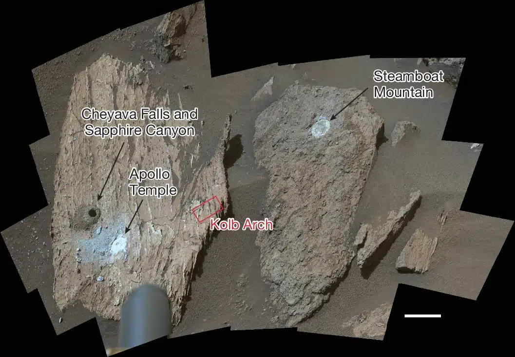 Rock Outcrops In Jezero Crater Captured By Perseverance, Showing Key Analysis Sites Cheyava Falls, Apollo Temple, Kolb Arch, And Steamboat Mountain.