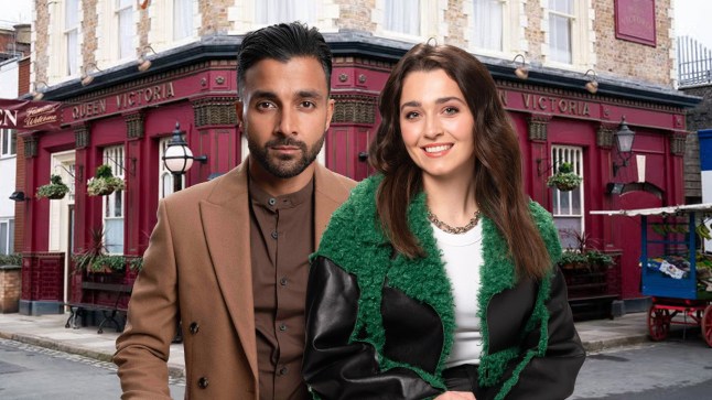 An EastEnders comp that features Vinny Panesar and Penny Branning in front of the queen Vic