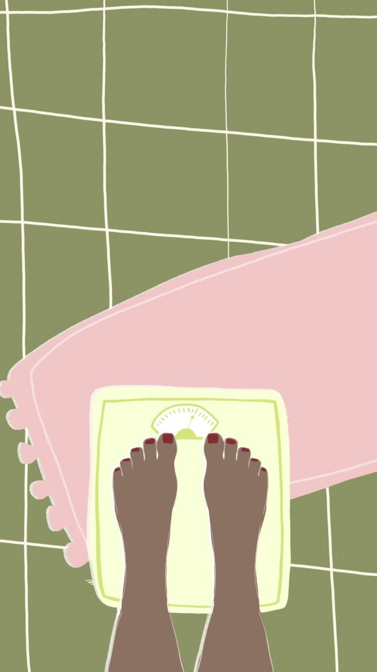 Illustration of feet on a weighing scale in a bathroom setting