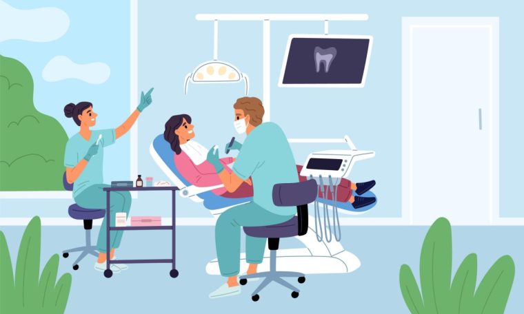 Woman at dentist appointment. Patient in doctor office. Dentistry prosthetics. Caries treatment. Stomatological tools. Orthodontic clinic. Hospital visit. X-ray photo of teeth. Garish vector concept