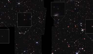 James Webb Space Telescope image showing a broad area of space with many small galaxies, four of which are highlighted in pull-out boxes. The four highlighted galaxies are very small, appearing as points of light. Black areas of the overall image indicate where the telescope did not collect data - a vertical section in the center and a square in the lower left corner.