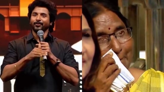 Sivakarthikeyan's mother wiped away tears as her son spoke at the Parasakthi event. 